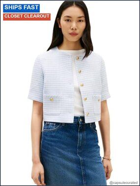 Cropped Tweed Jacket with Pockets Short Sleeve Button Up Blazer
